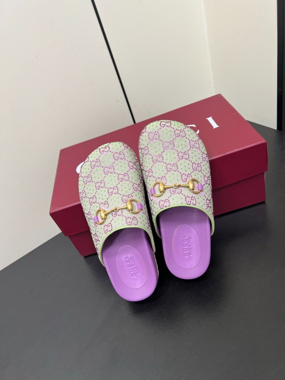 Gucci GG Crystal Horsebit Platform Mules Purple Canvas Slip On Clogs - Picture 5 of 6